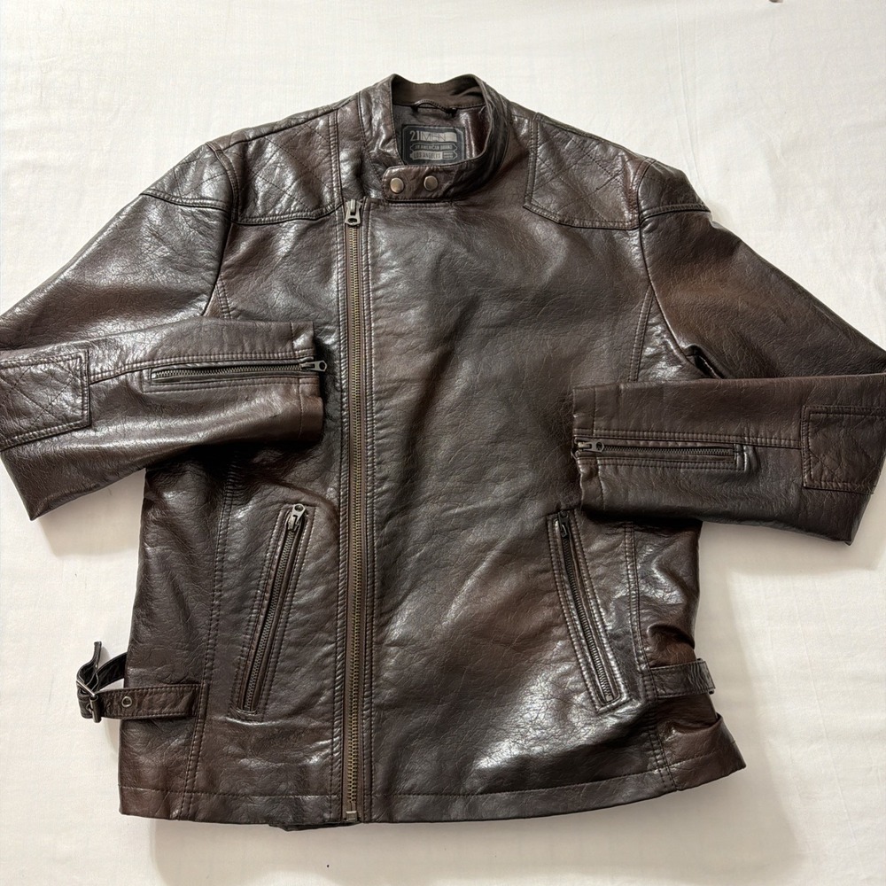 21Men Brown Faux Leather Moto Biker Jacket Mens XL Asymmetrical Zip Quilted